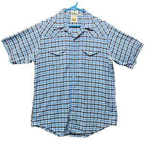 Vintage Ely Cattleman Western Shirt Men's XL Pearl Snap Blue Plaid Short Sleeve